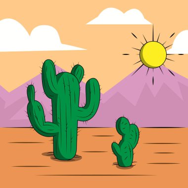 Kaktüsün vektör arkaplanı, çöldeki güneş ve dağ