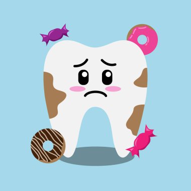 Diş Çürüyen Vektör Çocuk Kliniği Poster Şablonu Tasarımı. Çatlak ya da Kırık Diş Çizimi. Diş Hastalığı Karakteri