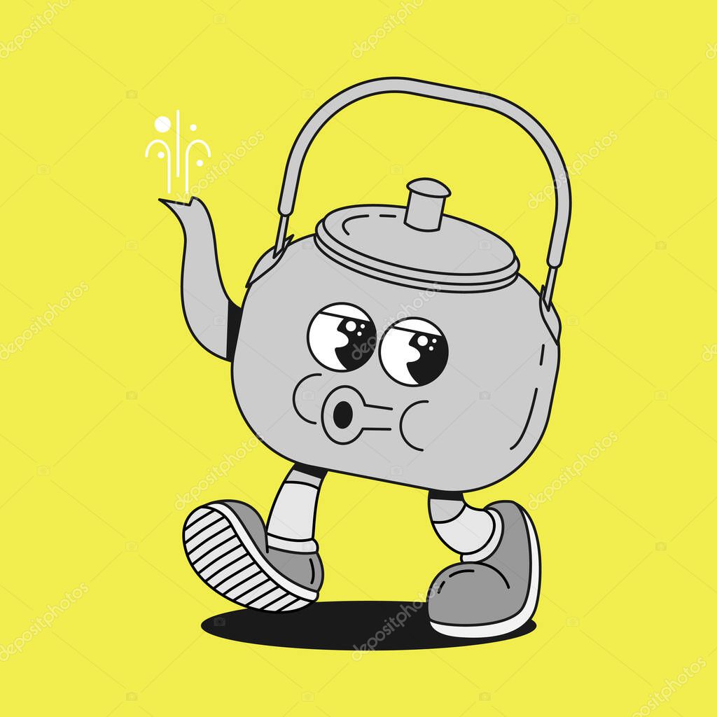 Groovy cartoon vector character kettle whistling