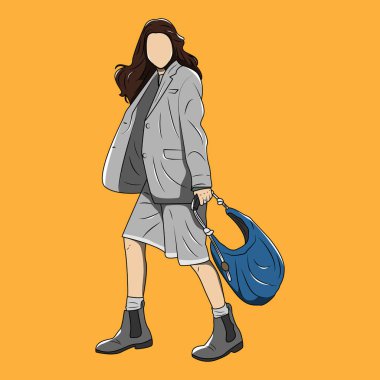 Yarı resmi tarzda çanta taşıyan sevimli bir kadının vektör çizimi.
