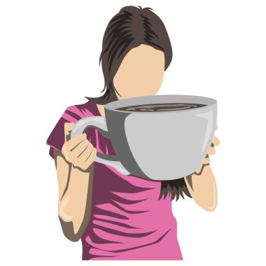 Kadın vektörü büyük bir fincan kahve içiyor.