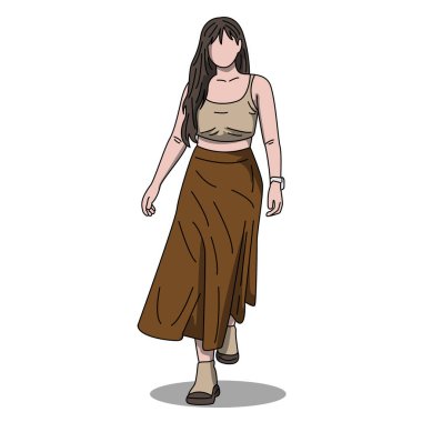 Basit ve zarif bir tarzı olan, kolsuz bluz ve etek giyen bir kızın vektör çizimi
