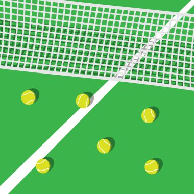 Tenis kortu vektör arka planı ağ ve tenis toplarıyla