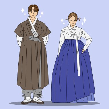 Geleneksel Kore kıyafetleri giyen bir çiftin vektör çizimi