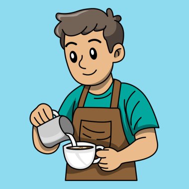 Kahveye Süt döken Barista. Erkek barista kahve yapıyor.