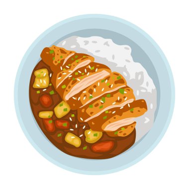 Lezzetli tavuk katsu köri vektörü. Japon özel yemekleri.