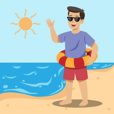 Sahilde can simidi kullanarak tatile çıkan bir adamın vektörü.