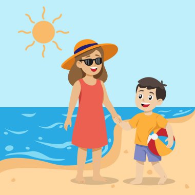 Anne ve oğul yaz tatilinde plajda tatildeler.