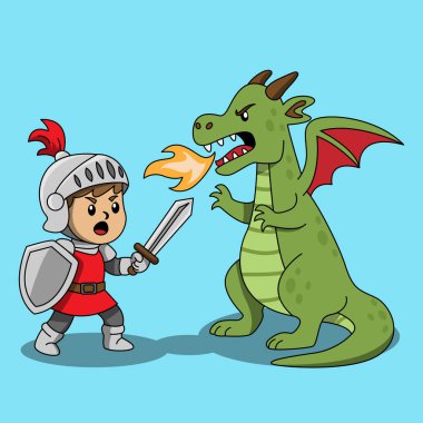 Kalkanı ve kılıcı olan bir çocuk şövalyenin vektörü ateş püskürten bir ejderhayla savaşıyor.