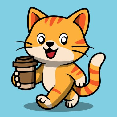 Turuncu çizgili kedi kahveyi götürüyor.