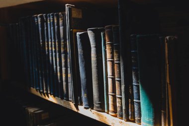 old books on the shelf in the library under the sun ray