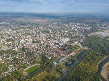Ukraine, Stryi, Beautiful views on the river and city,  bird's eye view from quadcopter, dron
