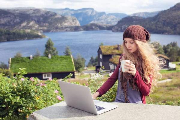 Freelance girl working on laptop in nature and beautiful landscapes