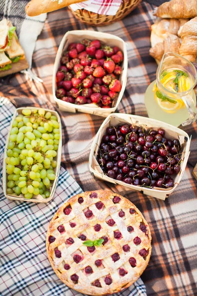 outdoor picnic, nature in the garden, baking, pie, delicious, fruits, close-up