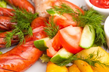 beautiful photo close-up menu of potatoes, sausage salad on a plate on a white background