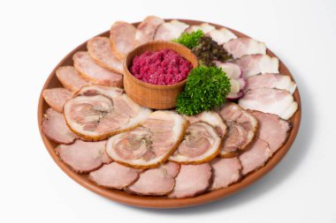 sliced ham meat sausages on the festive table