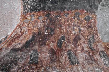 A cave church in Cappadocia with inscriptions on the walls, frescoes from the beginning of Christianity