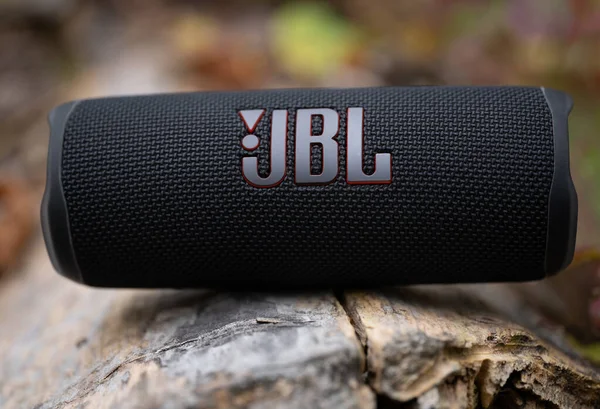 LVIV, UKRAINE - OCTOBER 12, 2022: JBL Flip 6 Black, portable bluetooth speaker outdoors on a wooden log