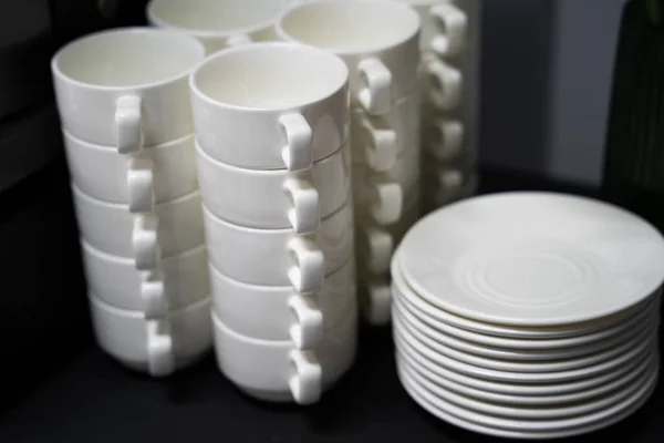 Many Clean White Cups Plates Table — Stock Photo, Image