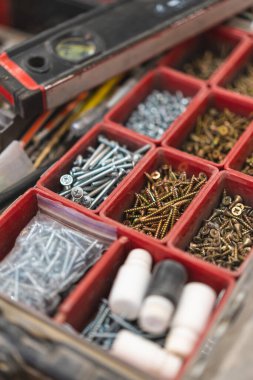 İş için ana düzenleyicide çok farklı vidalar 