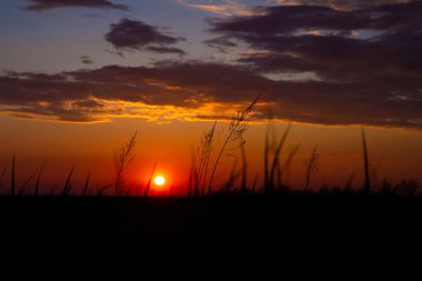Güzel renkli gökyüzü ve gün batımında ufuk çizgisinde kalın bulutlar.