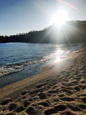 Denizin üzerinde kumlu bir sahilin güzel manzarası
