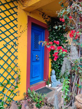 Evin güzel ve renkli yüzü bir sürü çiçek ve bitkiyle dolu.