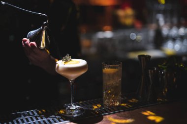 Barmen tezgahta güzel bir alkollü kokteyl hazırlıyor.