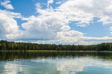 Mavi gökyüzü, bulutlar ve ufukta bir sıra ağaç olan güzel göl manzarası.