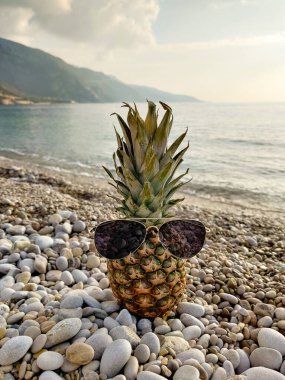 Sahilde güneş gözlüğü takan güzel, taze bir ananasın yakınına.
