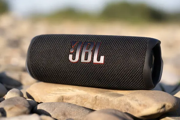 LVIV, UKRAINE - 8 Eylül 2023: JBL Flip 6 Black, taşınabilir bluetooth hoparlörü açık havada