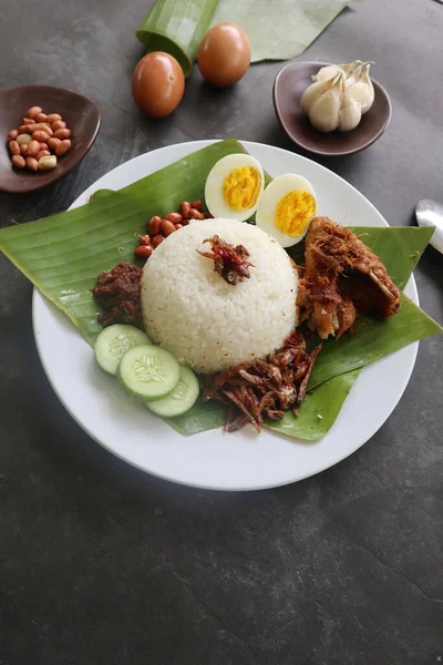 Nasi Lemak Traditional Malay Made Boiled Eggs Beans Anchovies Chili — Stock Photo, Image