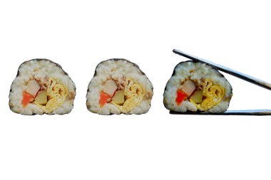 Kimbap ya da gimbap, haşlanmış beyaz pirinç (bap) ve diğer malzemelerden yapılan Kore usulü Gimbap (kimbap).
