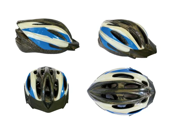 自転車用ヘルメット 白い背景に青い自転車用ヘルメット 自転車用ヘルメットの遠近法 — ストック写真