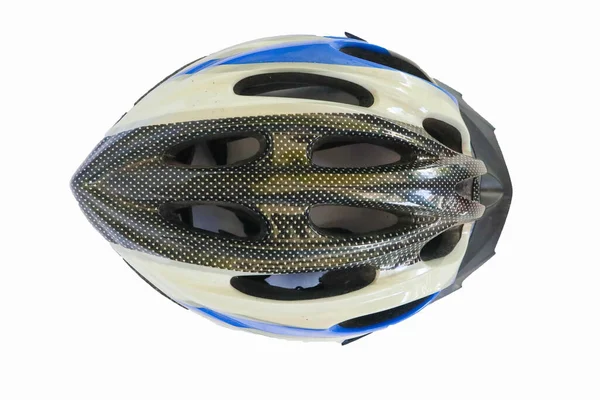 自行车头盔 蓝色自行车头盔 白色背景隔离 自行车头盔的透视 — 图库照片