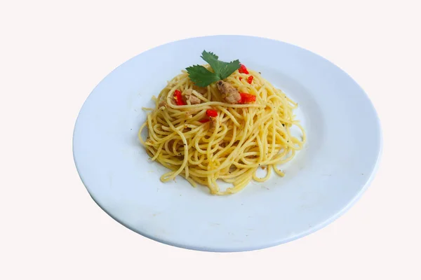 Αglio Olio Ιταλικά Ζυμαρικά Σπαγγέτι Aglio Olio Pepperoni Σπαγγέτι Σκόρδα — Φωτογραφία Αρχείου
