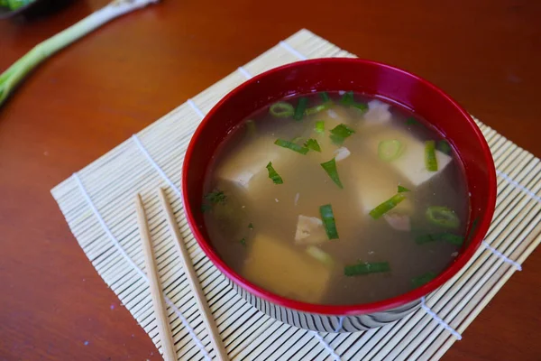 Misosuppe Oder Japanische Misosuppe Schüssel Auf Dem Tisch Japanische Küche — Stockfoto