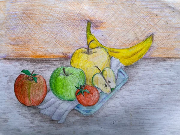 fruit illustration. Children\'s drawings in the form of fruits using colored pencils, using the shading technique. fruit illustration