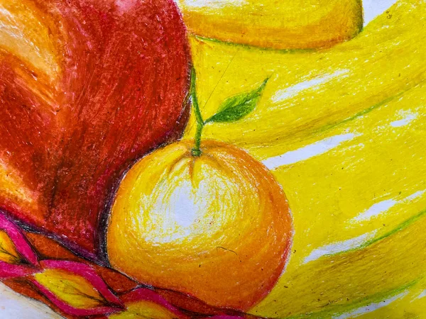 fruit illustration. Children\'s drawings in the form of fruits using colored pencils, using the shading technique. fruit illustration