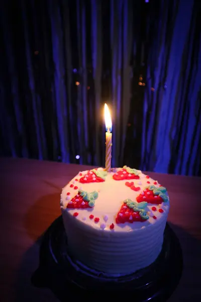 Birthday Cake Sprinkles Strawberry One Candles Blue Background — Stock Photo, Image