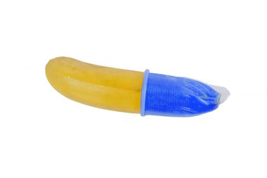 A banana is wrapped in a blue condom on it. A metaphor of sex, sexuality, penis.