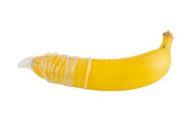 A banana is wrapped in a blue condom on it. A metaphor of sex, sexuality, penis.