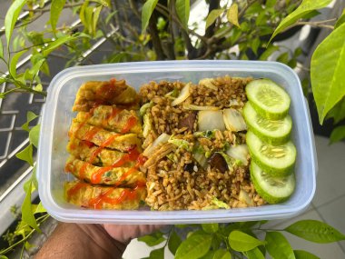 Kızarmış pirinç, omlet, salatalık dilimleri, Asyalılar için öğle yemeği.