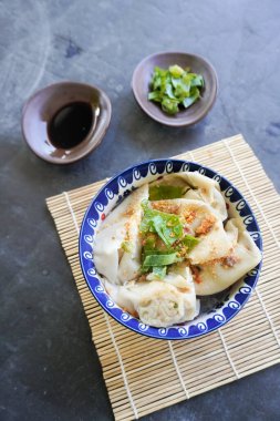 Bir kase wonton çorbası ve siyah arka planda servis edilen dilimlenmiş yeşil soğan.