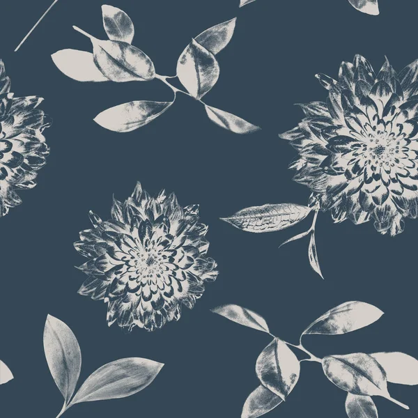 Pattern Leaves Flowers Blue Background — Stock Photo, Image