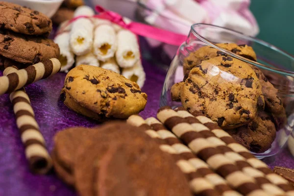 Фоні Шоколаду Печива Багато Шматочків Шоколаду Цукерок Печива Печива Тортів — стокове фото