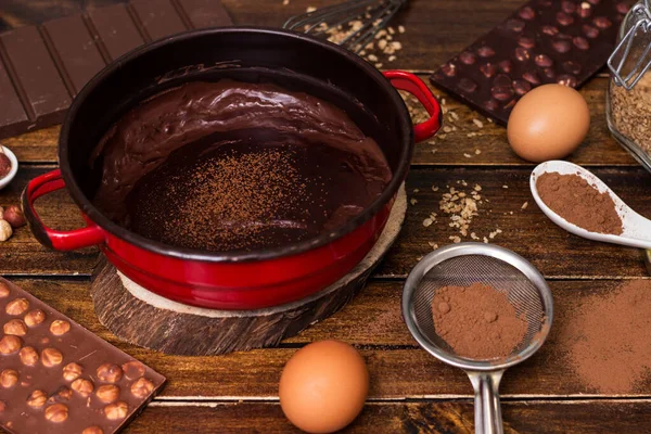 Proceso Cocción Pastelería Chocolate Con Chocolate Derretido Ingredientes Para Cocinar — Foto de Stock