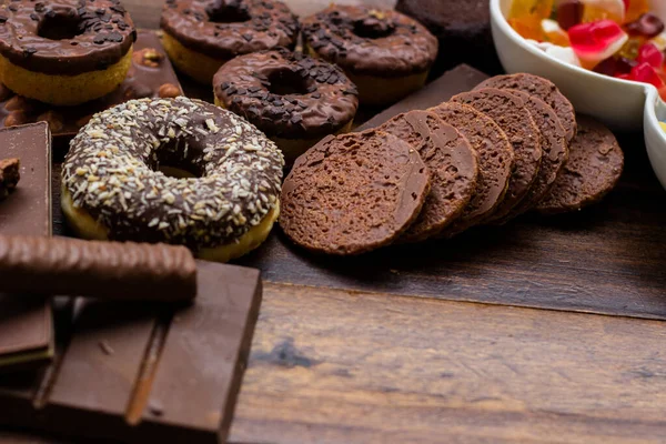 Печиво Шоколадний Фон Асортимент Продукції Високим Рівнем Цукру — стокове фото
