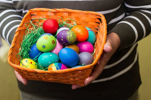 Senior Woman Hands Holding Colorful Easter Eggs Crate — Stockfoto