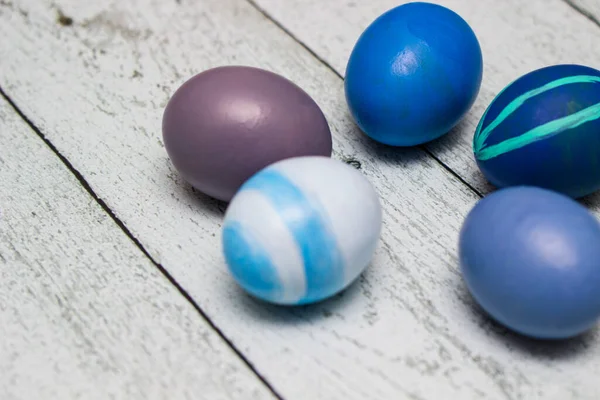 Blue Easter Eggs Old White Wood Background — Stock Fotó